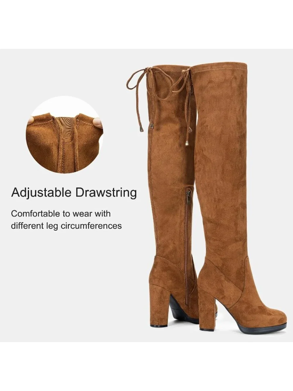 Women's Camel Block Heel Round Toe Faux Suede Over The Knee Thigh High Boots